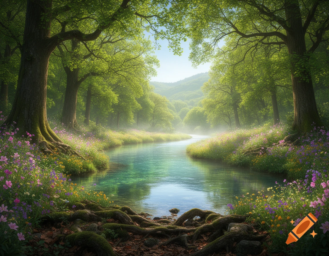 A vibrant, sun-dappled forest with a clear blue-green river winding through meadows of colorful wildflowers and mossy tree roots.