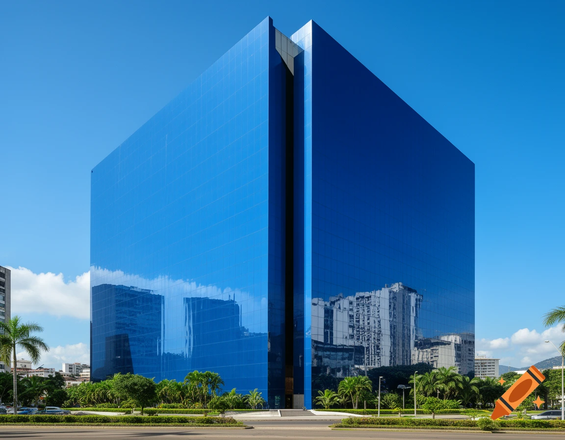 A towering, modern blue glass skyscraper reflects surrounding buildings and a clear blue sky, flanked by green trees and a road.