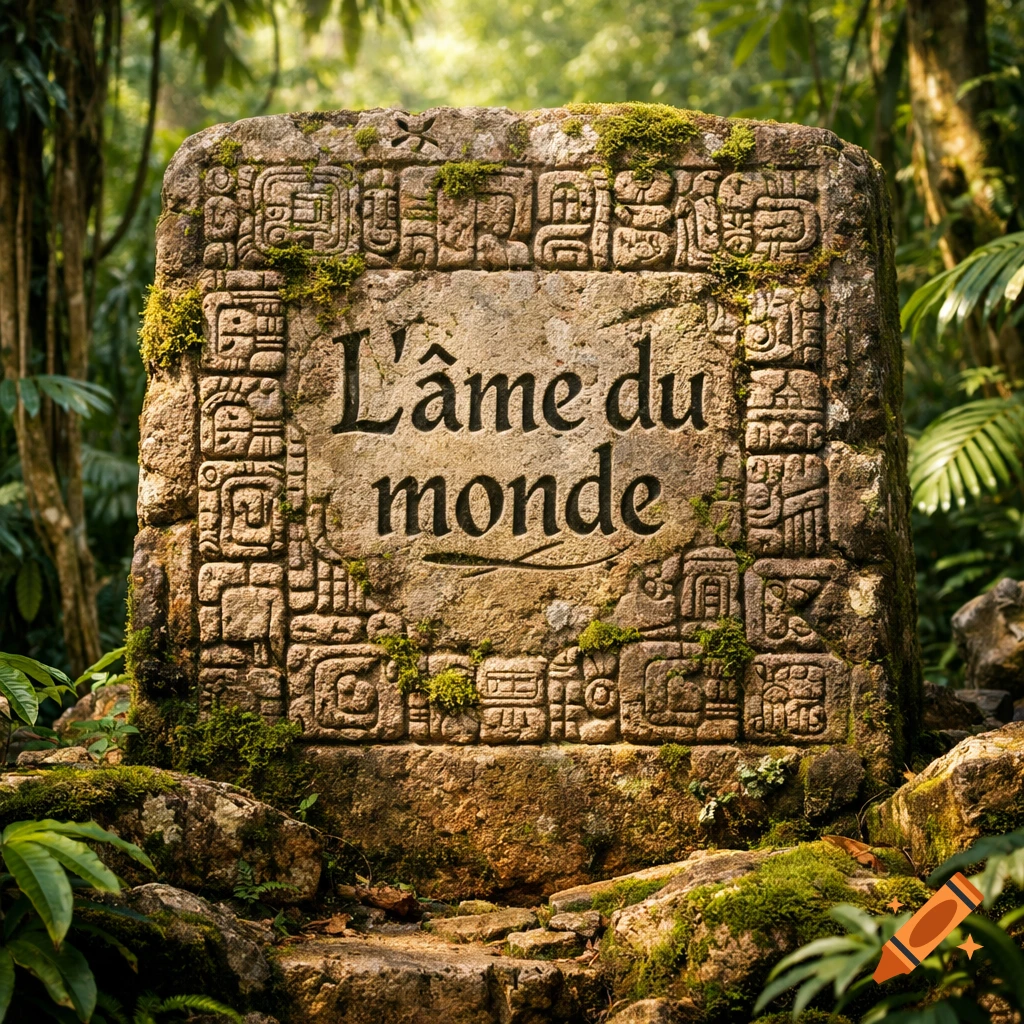 A moss-covered ancient stone tablet with 'L'âme du monde' carved into it, surrounded by jungle foliage, photorealistic.