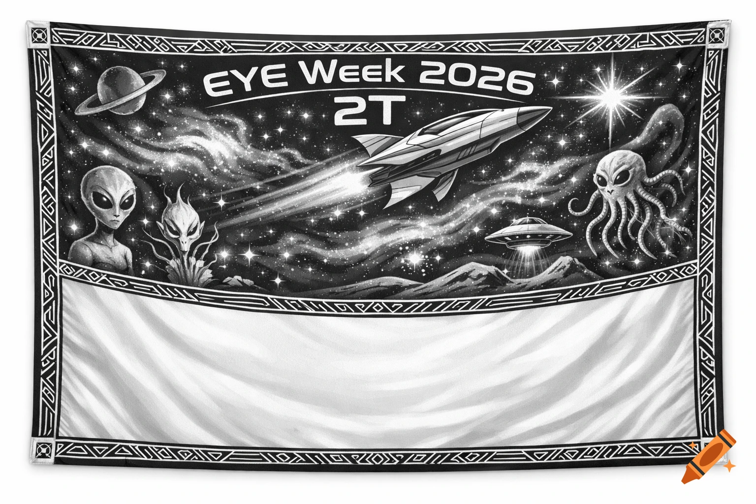 Black and white space-themed tapestry featuring aliens, a rocket, a UFO, and the text 'EYE Week 2026 2T' against a starry sky.