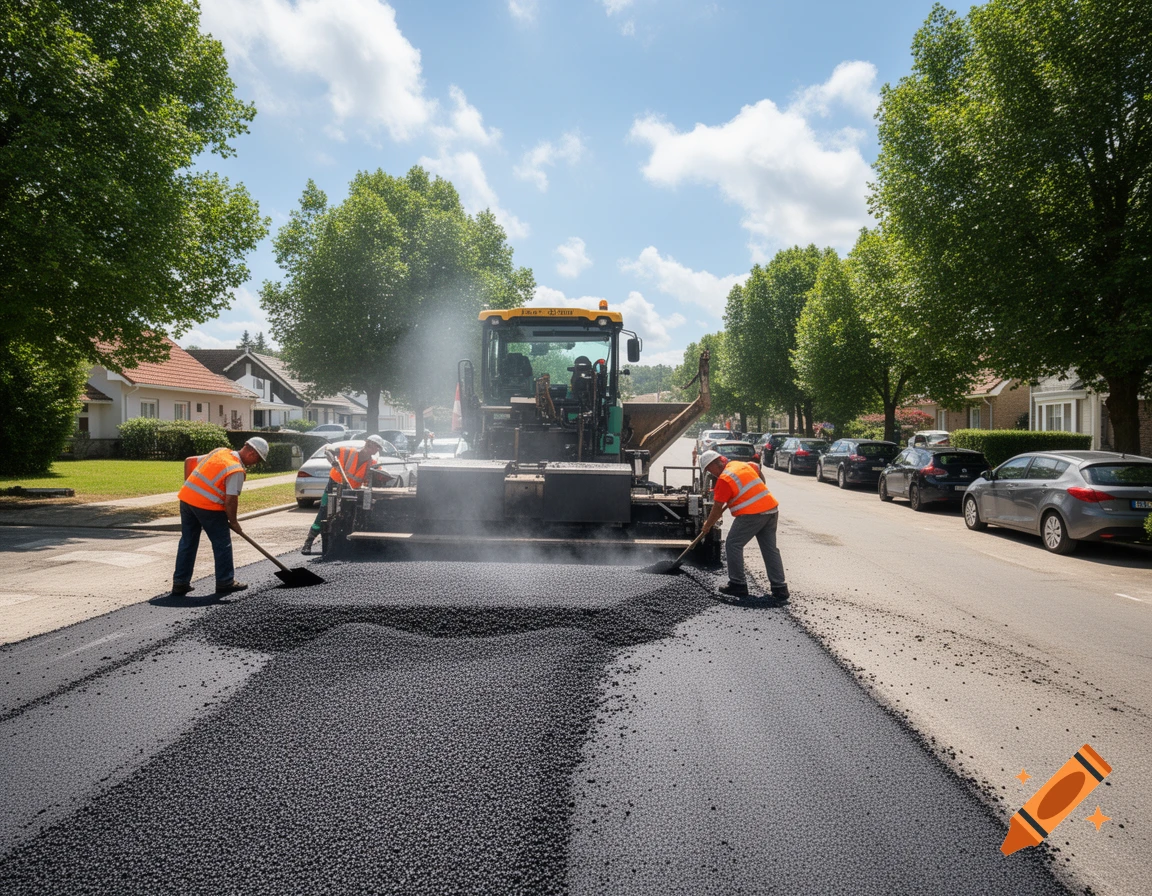 Construction workers use a large paving machine to lay asphalt on a residential street on a sunny day.