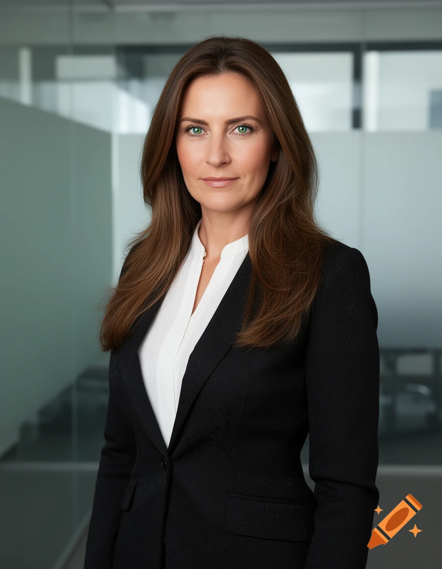 A photorealistic portrait of a woman in her mid-40s with long brown hair and green eyes, wearing a black business suit and white blouse.
