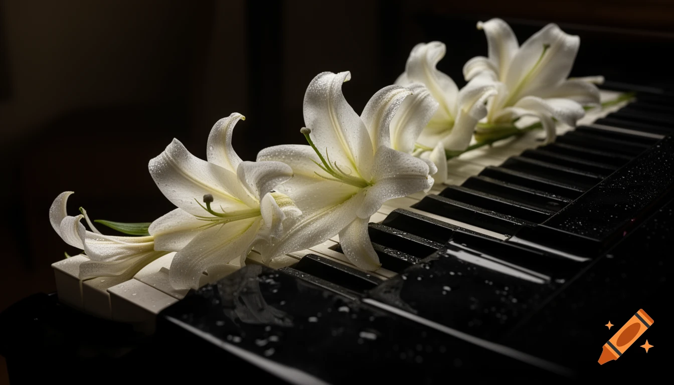 Photorealistic macro shot of elegant white lilies with water droplets lying diagonally on a glossy black grand piano keyboard, bathed in dramatic soft lighting.