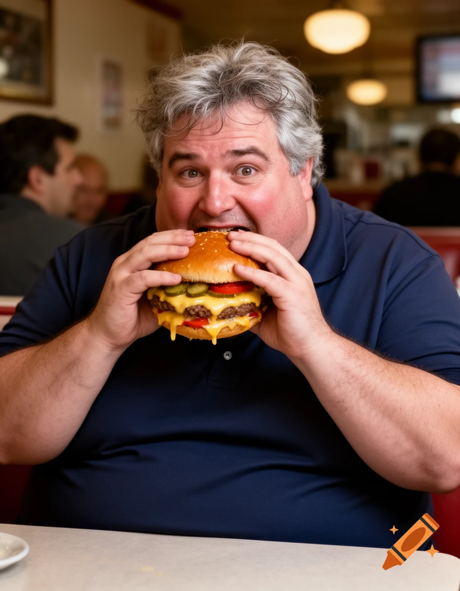 A middle-aged man with gray hair, wearing a blue polo shirt, eagerly takes a bite out of a large, cheesy double cheeseburger in a diner.