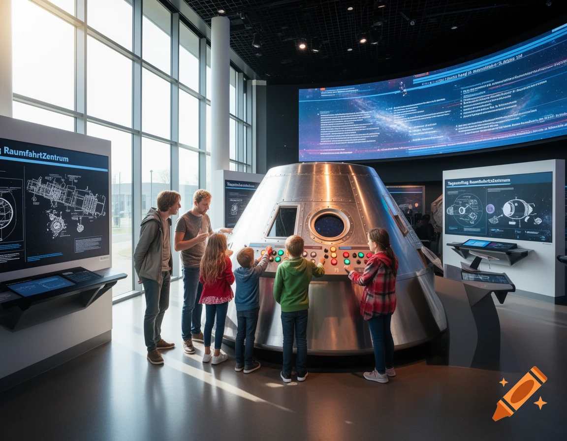 A family with two adults and three children interacts with a silver space capsule exhibit in a modern, bright space center museum.