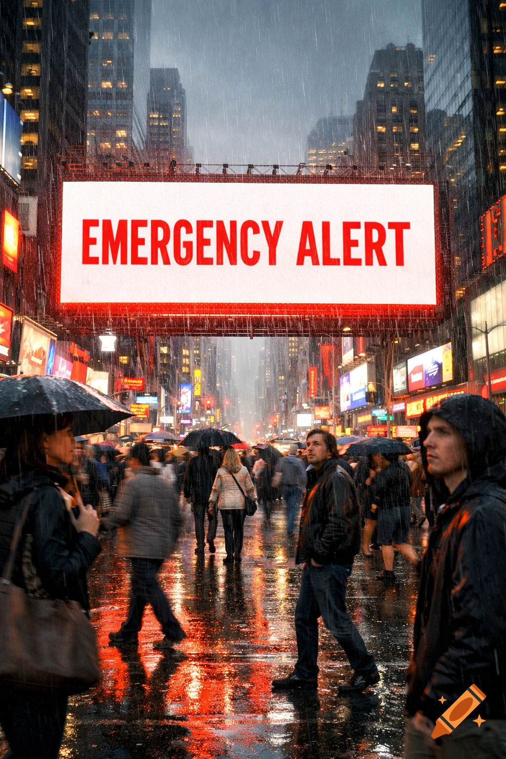 A rainy city street scene at night with an 'EMERGENCY ALERT' sign glowing brightly above a crowd of people walking with umbrellas.