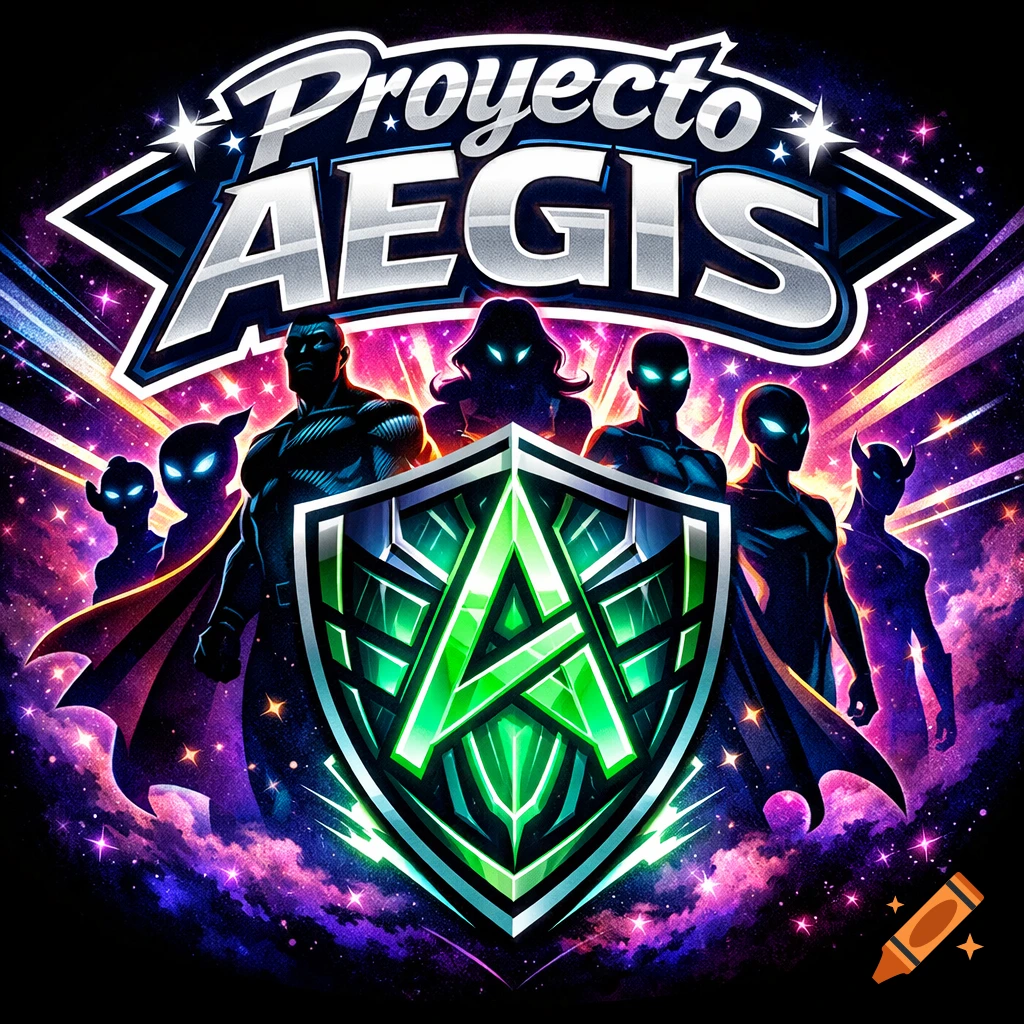 A comic book style logo for 'Proyecto AEGIS' with shadowy superhero and alien figures, a glowing green shield, and a cosmic background.