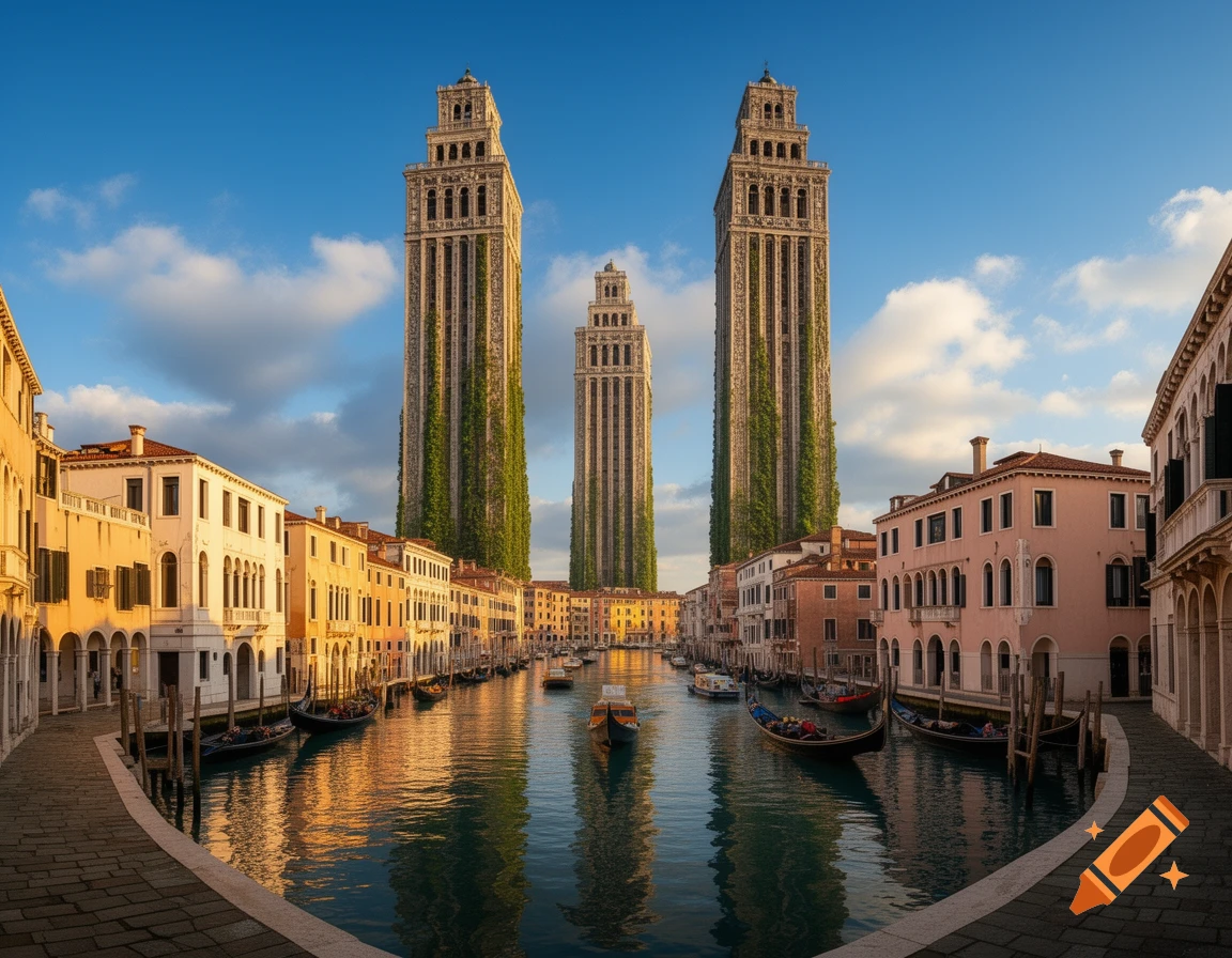 Venice canal scene with traditional buildings leading to an exaggerated cityscape featuring three ancient, ivy-covered skyscrapers.