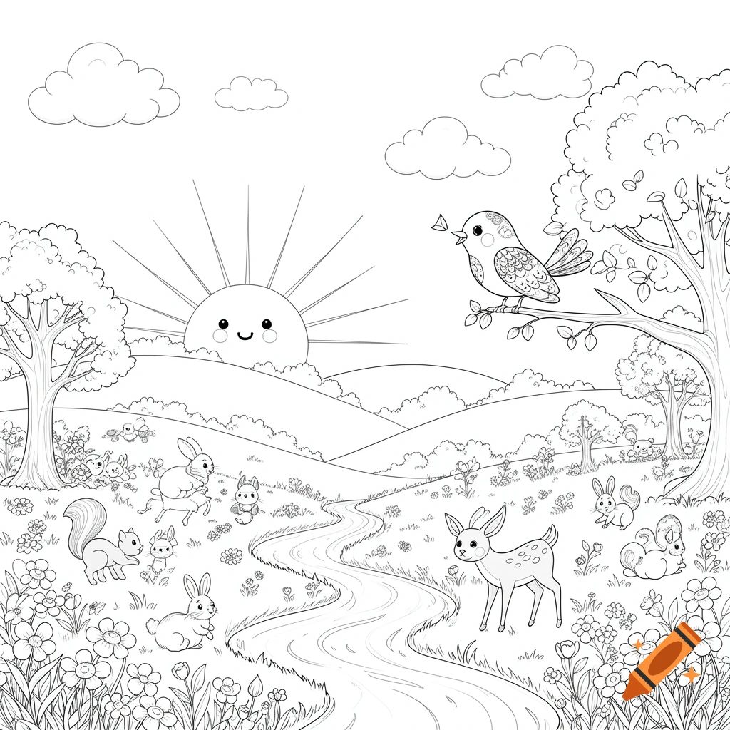 A black and white coloring page showing a cartoon forest scene with a smiling sun, a bird on a branch, a deer, squirrels, and rabbits by a river, surrounded by flowers and trees.