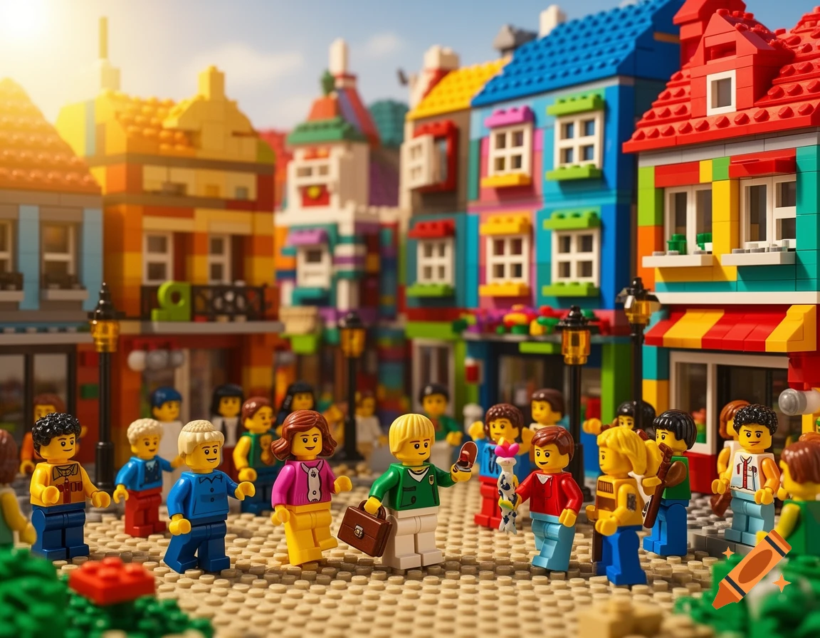 A vibrant Lego cityscape with numerous minifigures strolling on a sunny day, colorful buildings lining the street.
