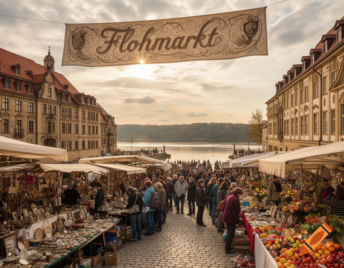 A crowded outdoor flea market with stalls lining a cobblestone street, next to buildings and a river under a cloudy sky.