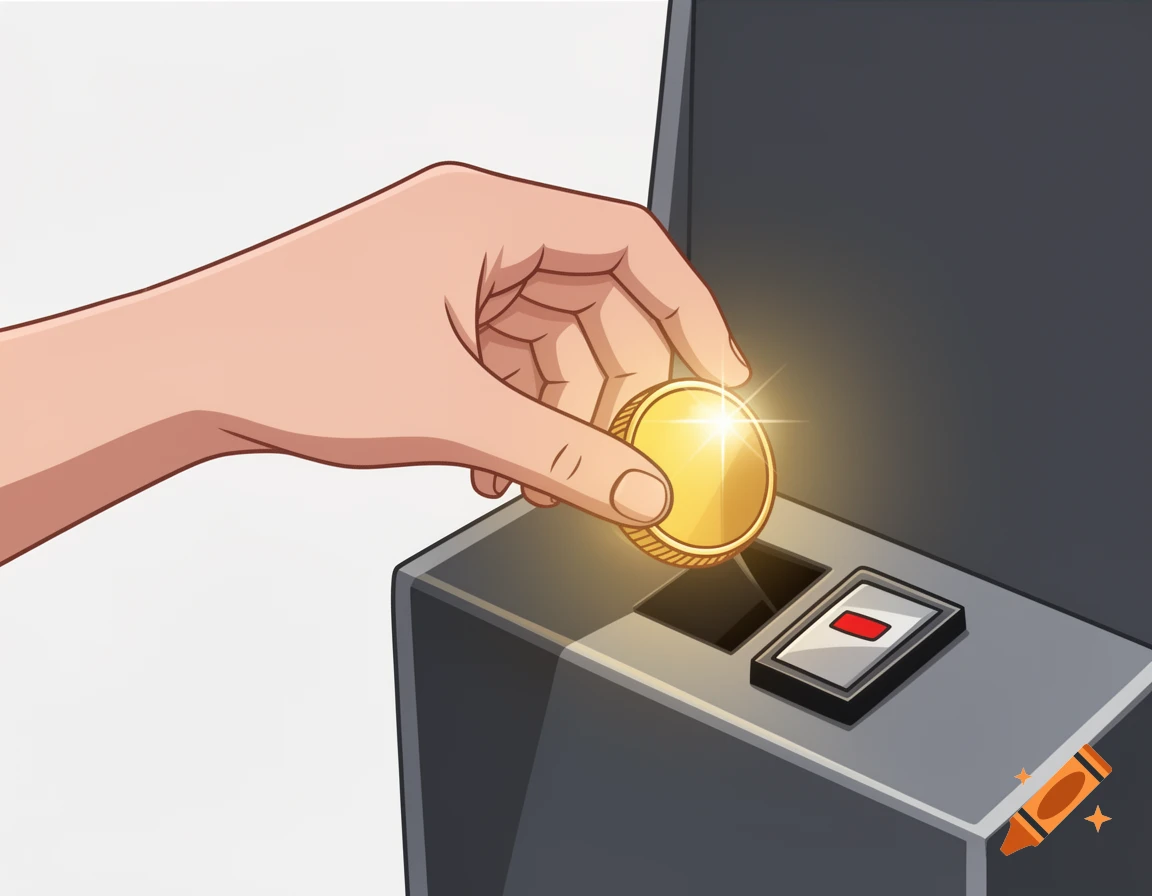 A hand drops a shining gold coin into a slot on a dark gray machine, in a clean clipart style.