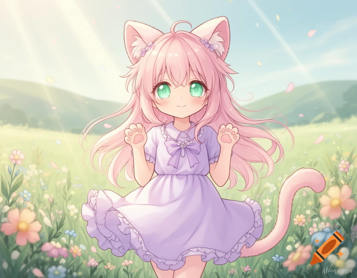 Anime cat girl with pink hair and green eyes, wearing a purple dress, standing in a sunny field of colorful flowers.