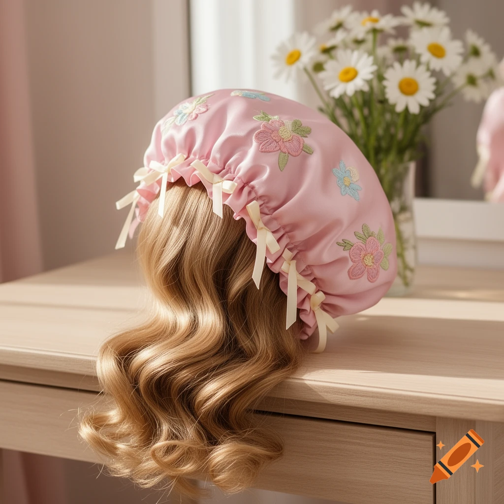 Pink floral embroidered satin hair protector on a blonde wavy wig, on a wooden dresser next to a vase of daisies.