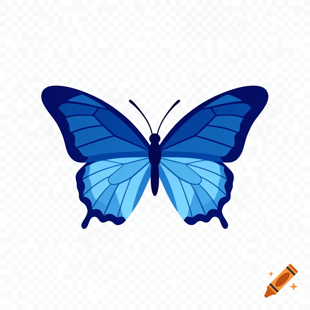A stylized blue butterfly illustration with various shades of blue on its wings, on a transparent background.
