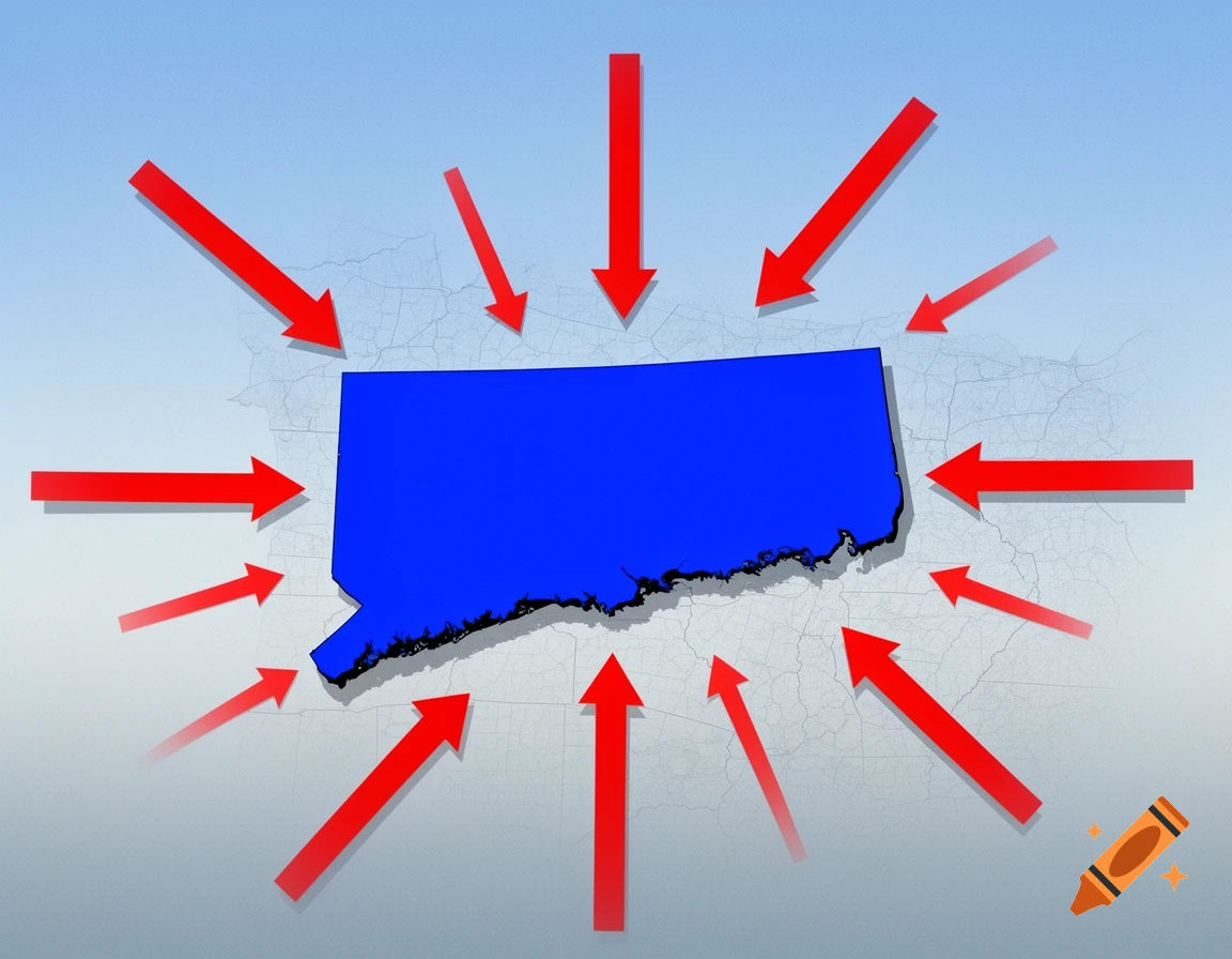 Blue map silhouette of Connecticut on a light blue background, surrounded by red arrows pointing inwards towards the state.