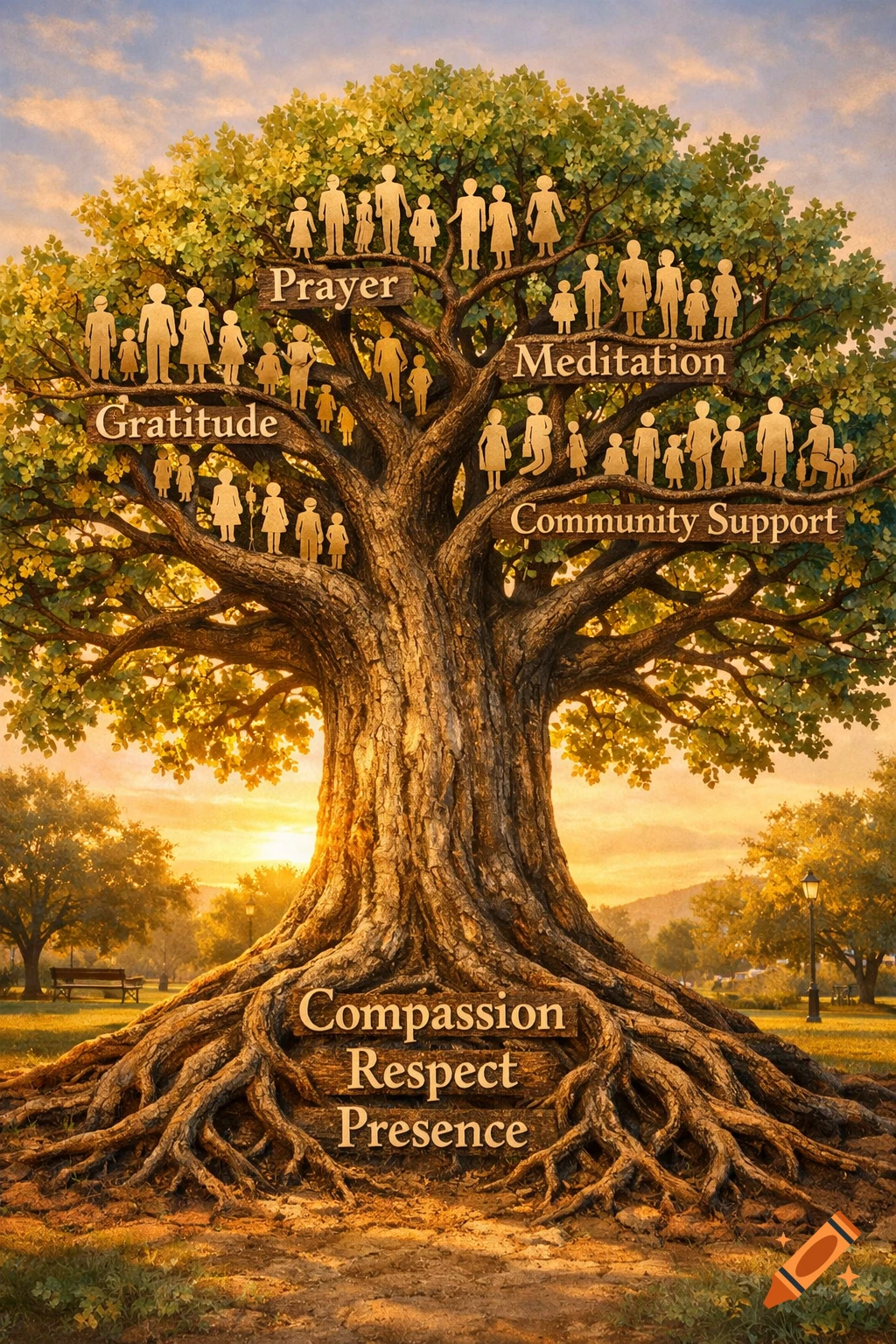 A majestic tree with words like Compassion and Prayer on its roots and branches, featuring human silhouettes, in a park at sunset.