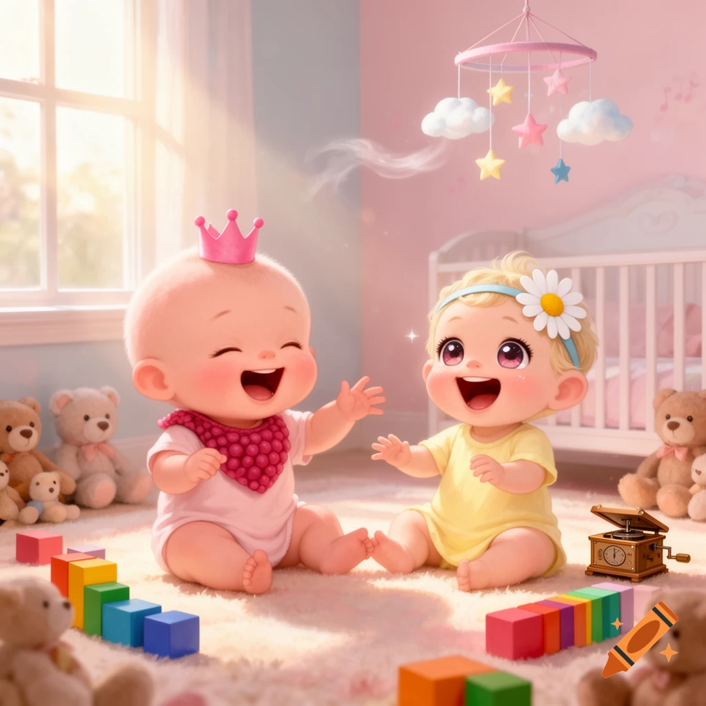 Two cheerful cartoon babies, one with a crown and one with a daisy headband, play with blocks in a sunny nursery.