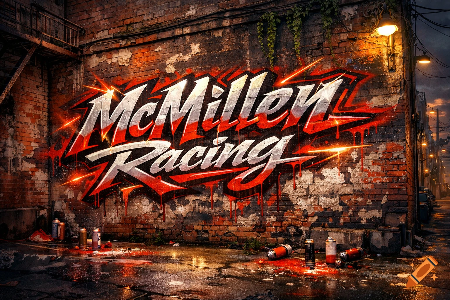 Photorealistic street art of "McMillen Racing" graffiti on a brick wall, with spray cans on a wet street at dusk.