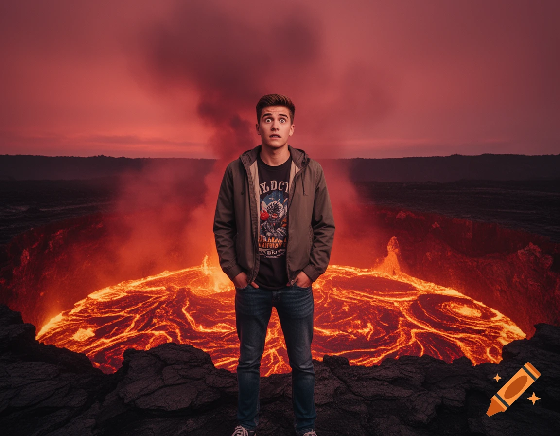 A surprised young man stands on dark volcanic rock in front of a massive, glowing lava pit with red smoke billowing under a dark red sky.