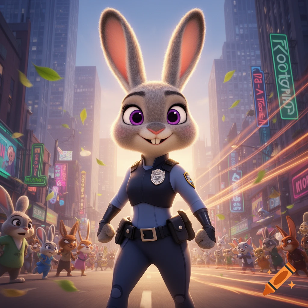 Judy Hopps, a cartoon rabbit police officer, stands heroically in a ...