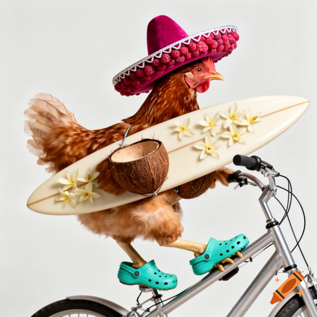 A whimsical chicken wearing a raspberry sombrero, coconut shell bikini, and teal crocs, riding a bicycle while holding a surfboard decorated with vanilla flowers.