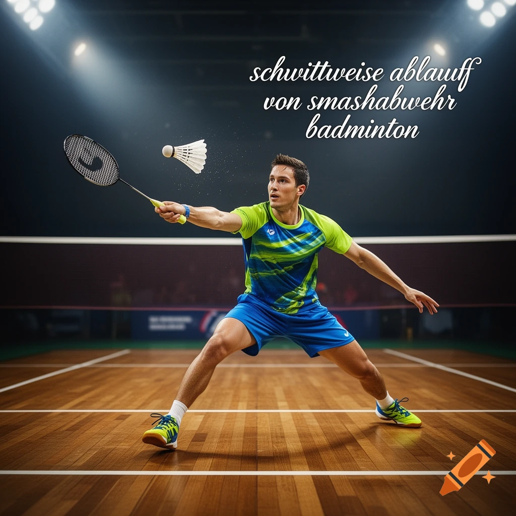 Photorealistic image of a male badminton player in action on a court, racket ready to hit a shuttlecock under bright lights.
