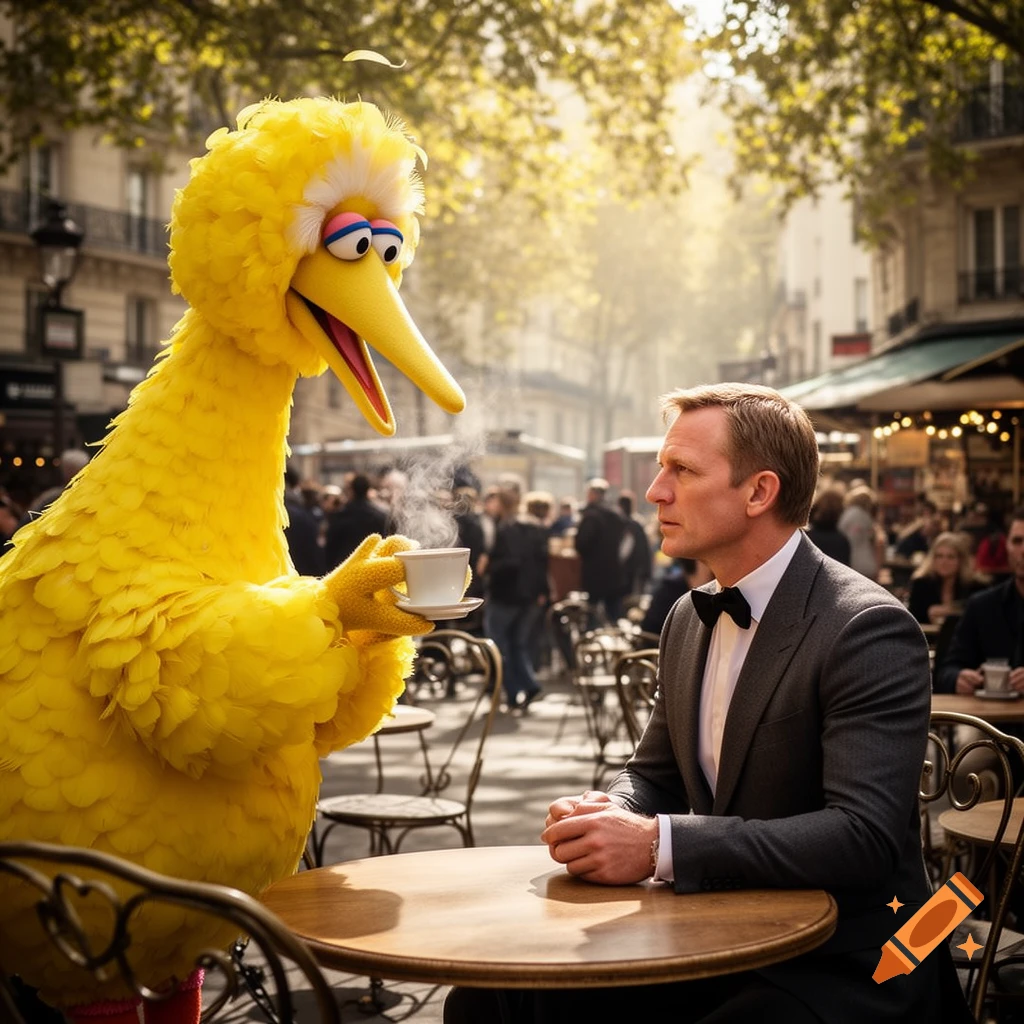 Photorealistic image of Big Bird from Sesame Street serving Daniel Craig a steaming cup of coffee at a sunny outdoor cafe.