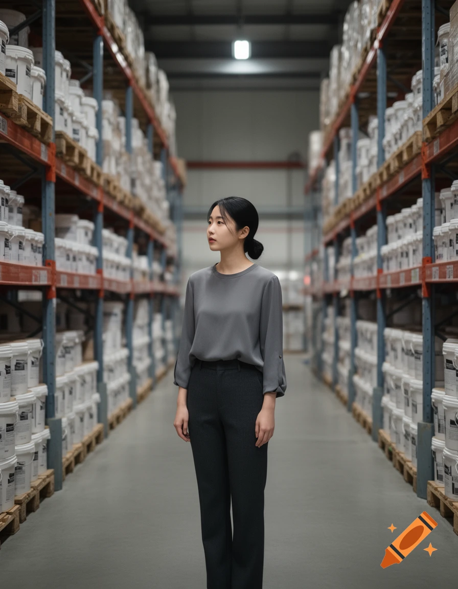 A young Asian woman in a grey blouse and dark trousers stands in a brightly lit warehouse aisle with shelves of white buckets. Photorealistic.
