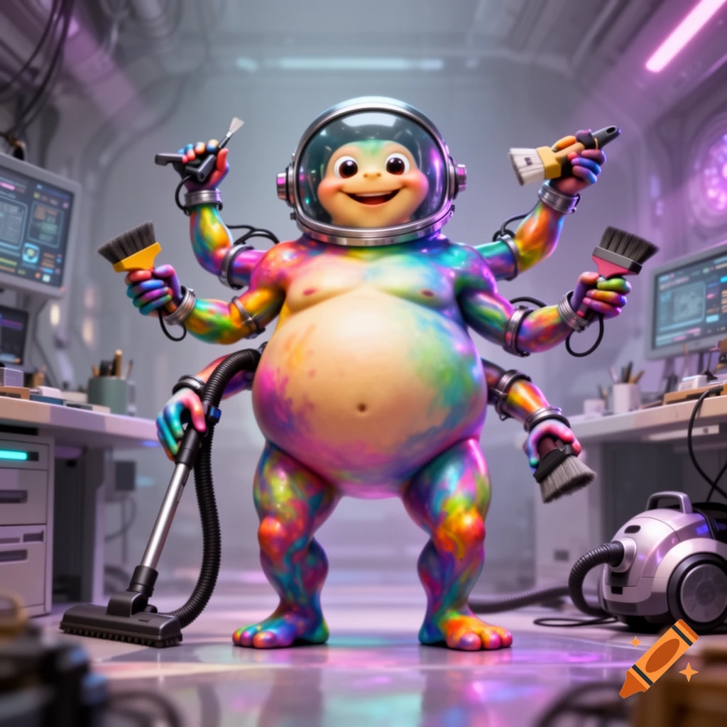 A colorful, multi-armed alien monster in an astronaut helmet holds cleaning tools and a vacuum in a futuristic lab. It's smiling.