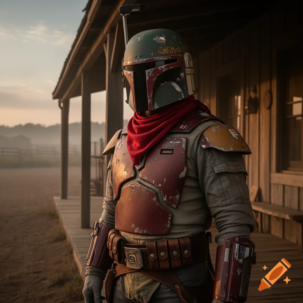 Photorealistic image of Boba Fett in full armor with a red scarf, standing in a western town setting with a wooden building behind him.