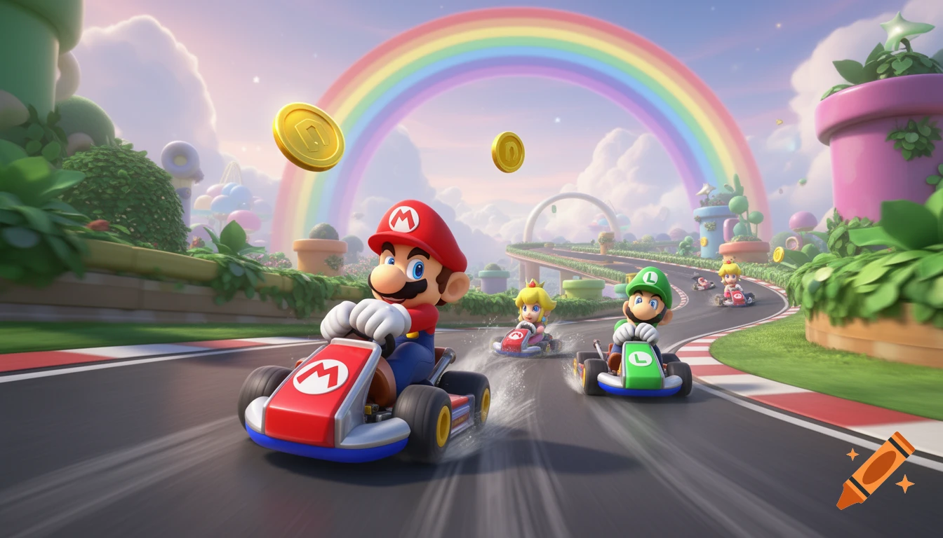 Mario, Luigi, and Princess Peach race karts on a colorful, whimsical track under a rainbow, collecting floating gold coins.