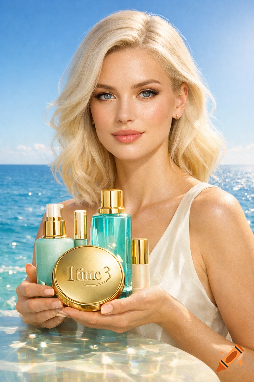 A blonde woman in a white top holds various cosmetic products, including a golden compact with "I time 3", by the blue sea.