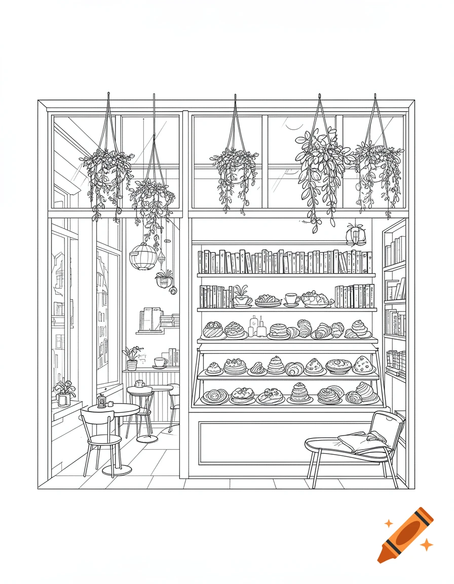 A black and white line art drawing of a cozy cafe and bookstore interior with hanging plants, shelves of books and pastries, and tables.