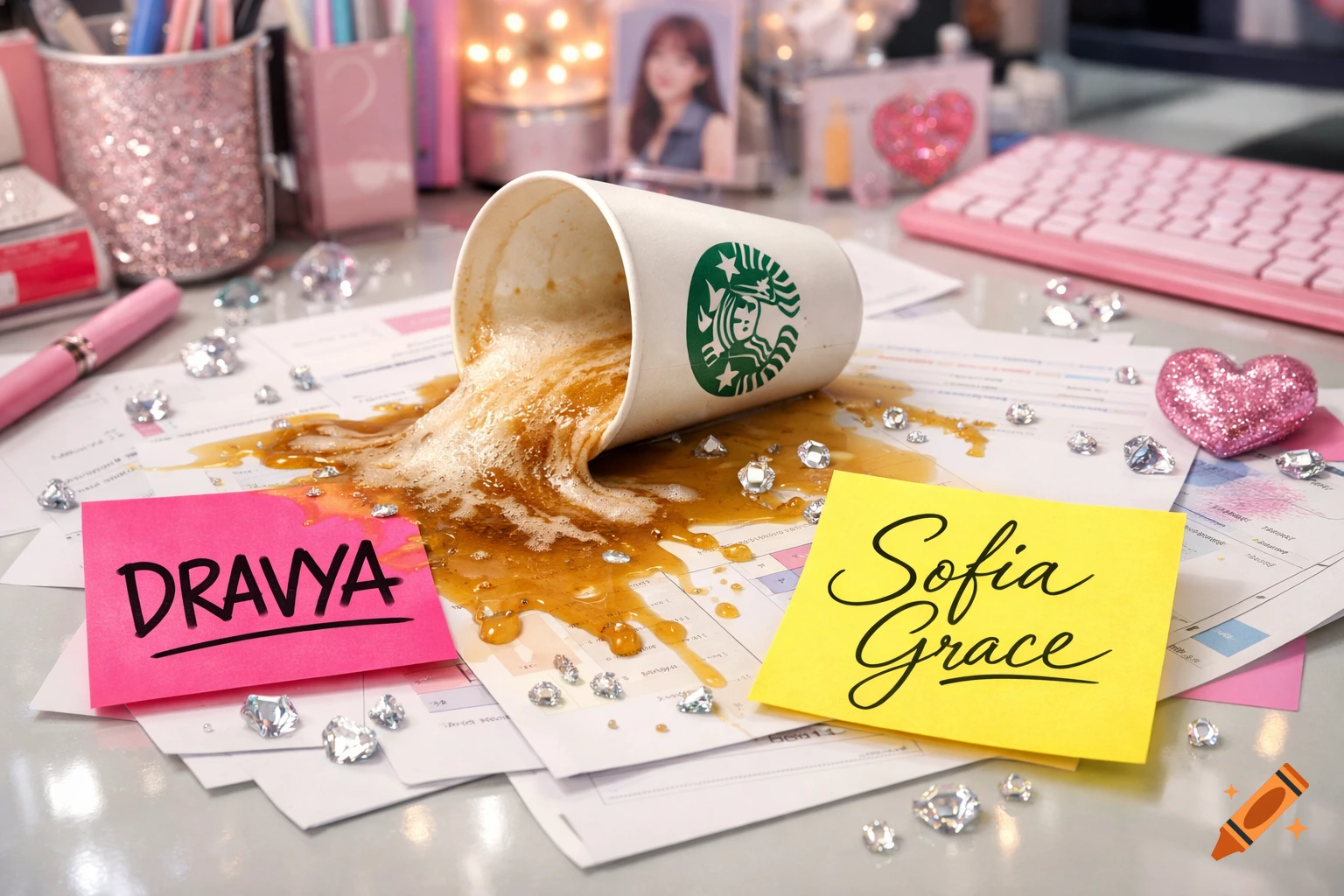 A Starbucks coffee spills on a white office desk with papers, diamonds, and sticky notes reading 'DRAVYA' and 'Sofia Grace'.