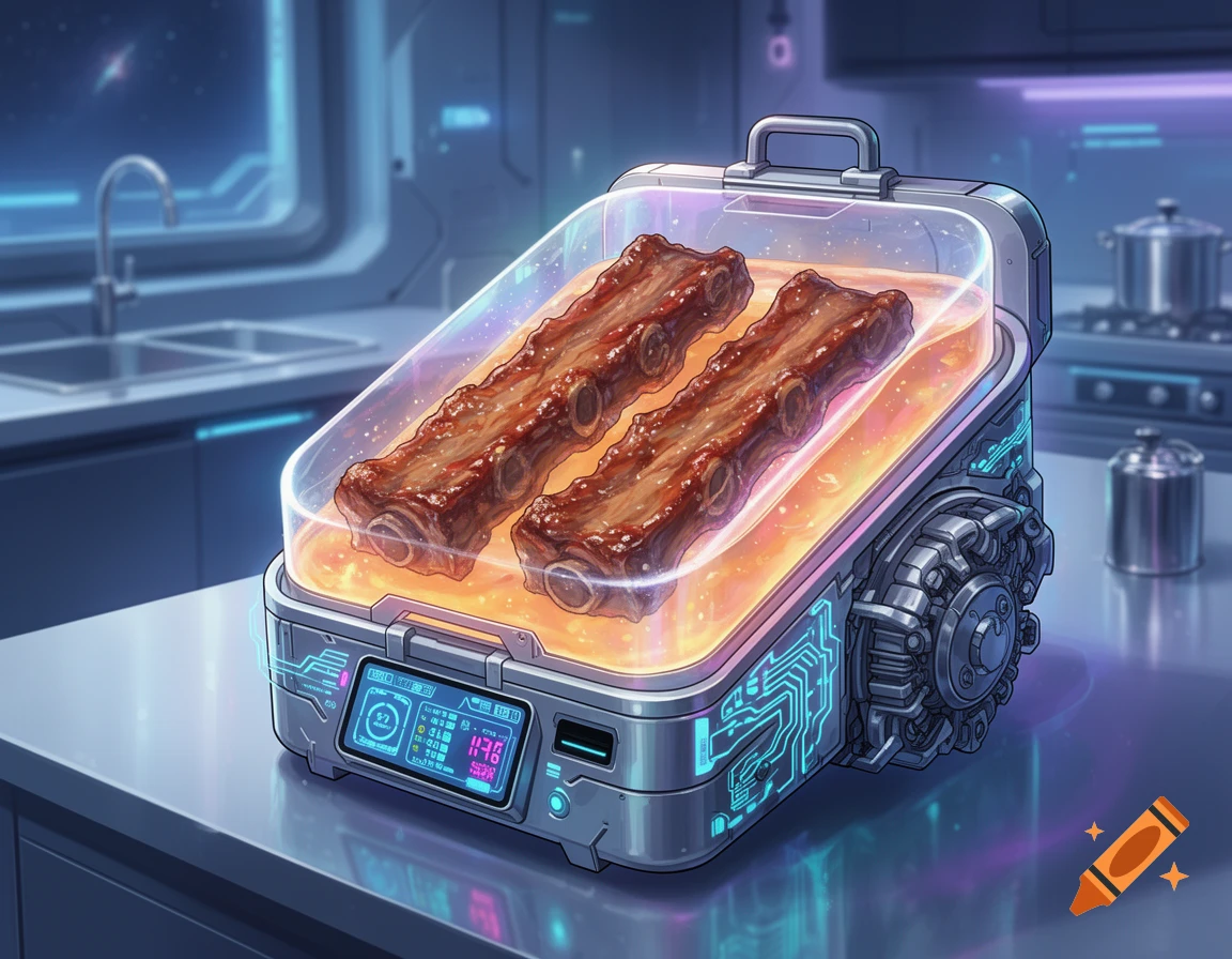 Two racks of glazed spare ribs cook inside a high-tech, glowing device ...