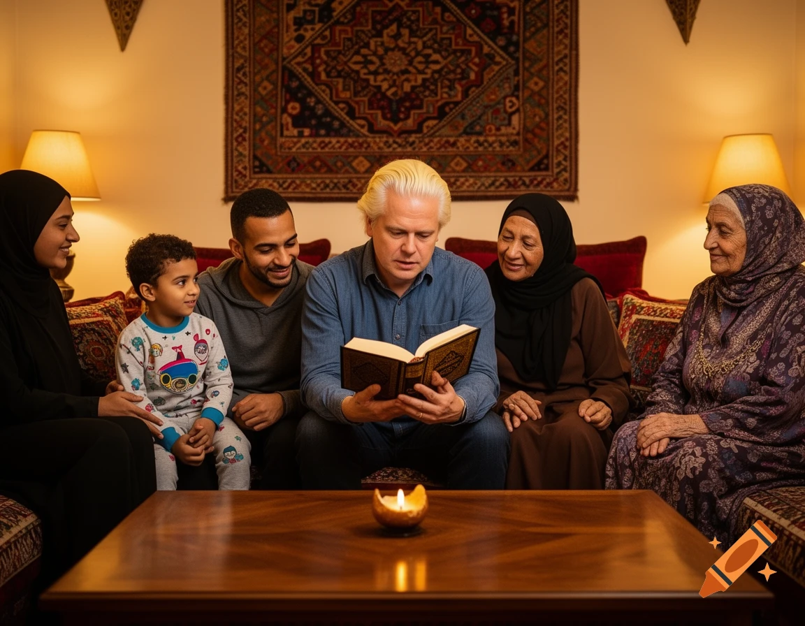 A diverse, intergenerational family portrait with a man reading a book in a warm living room.