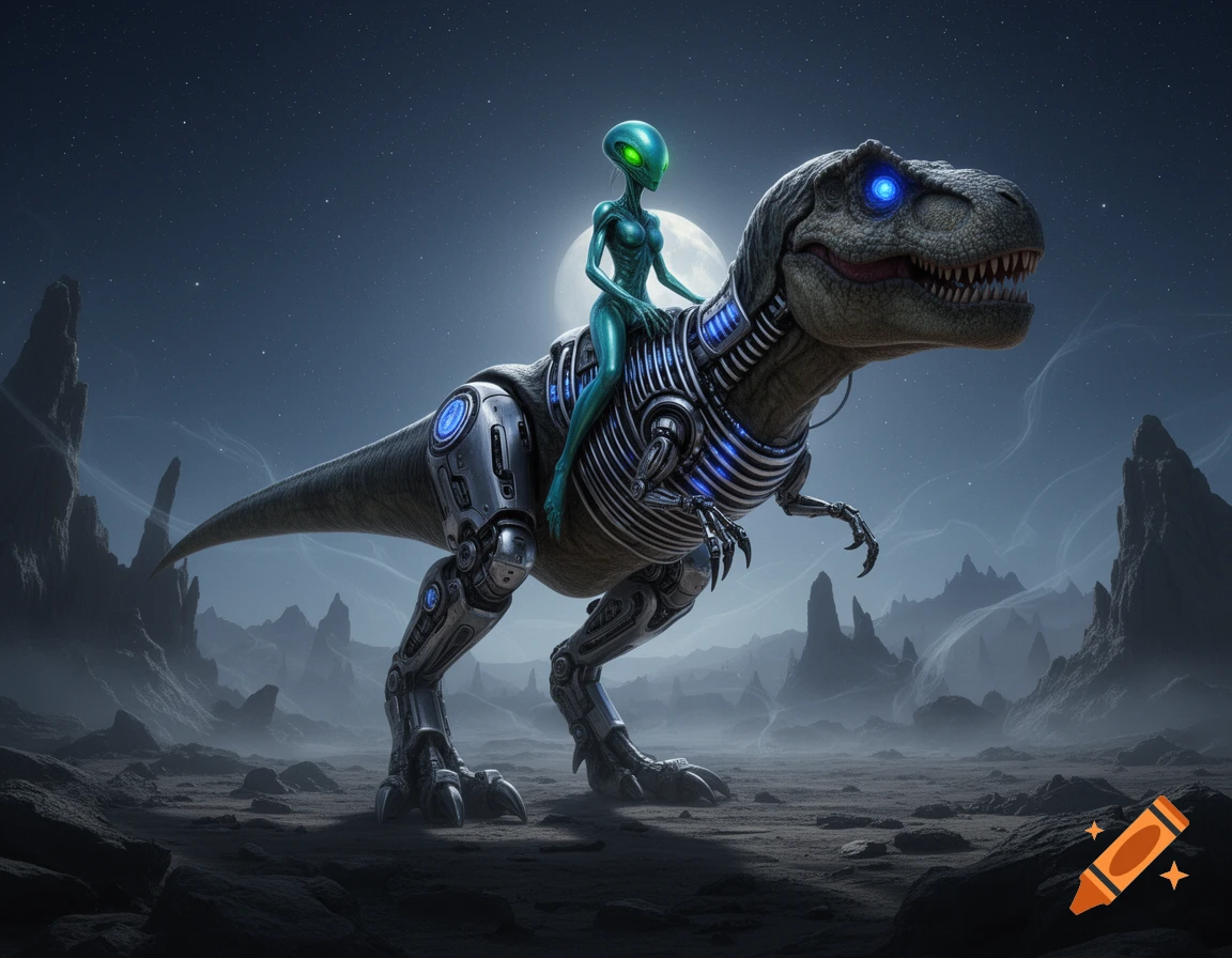 A teal alien rides a powerful cyborg T-Rex across a desolate, rocky planet under a starry night sky.