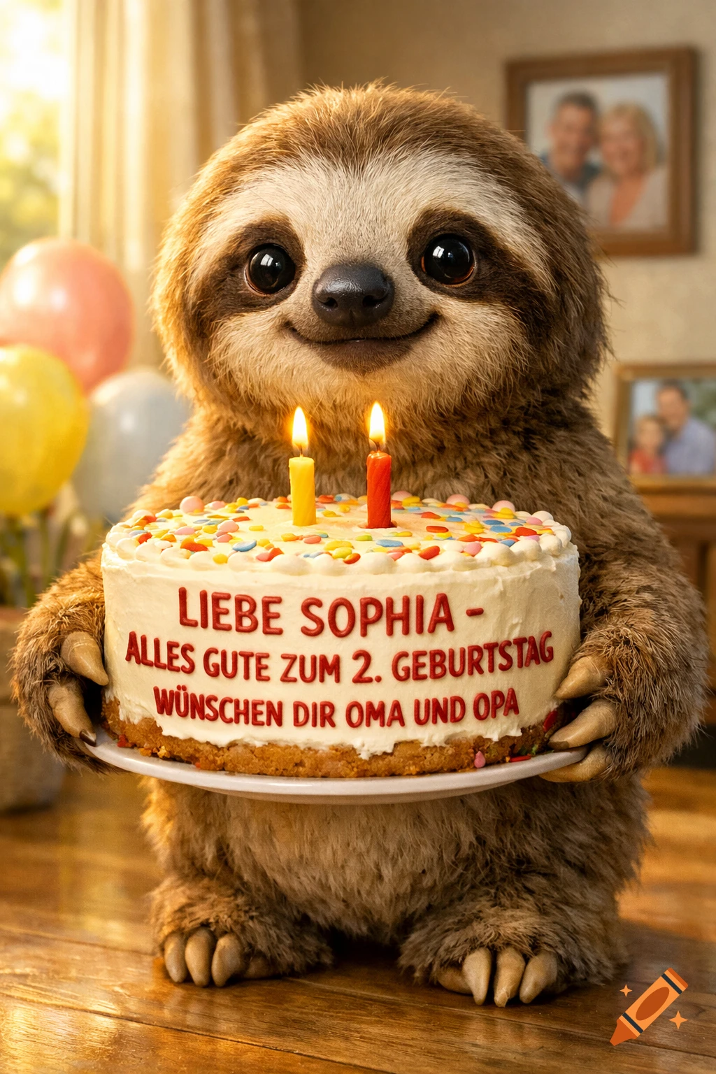A cute, smiling sloth holding a birthday cake with lit candles and German text 'Liebe Sophia - Alles Gute zum 2. Geburtstag wünschen dir Oma und Opa'. Photorealistic style.