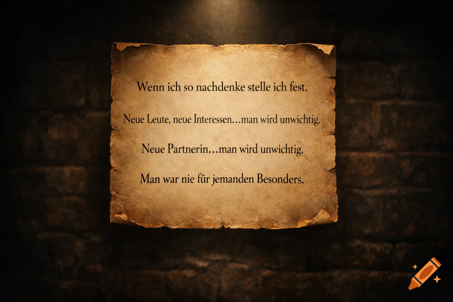 German text on a vintage, spotlit paper against a dark, textured background.