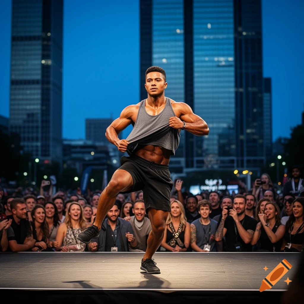 A muscular fitness model poses on a stage, lifting his tank top to show his abs to a cheering crowd in a city at dusk.