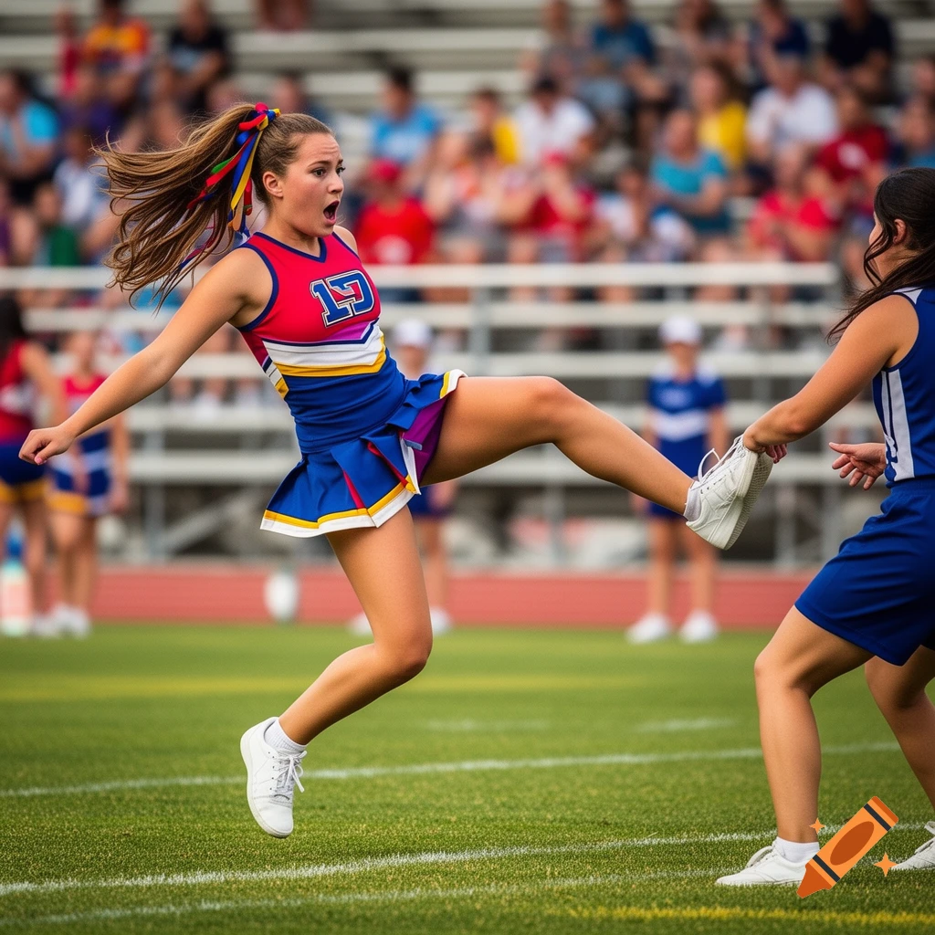 A young cheerleader in a blue, red, and yellow uniform performs a dynamic kick on a green field, another person holding her foot. Spectators are in the background.