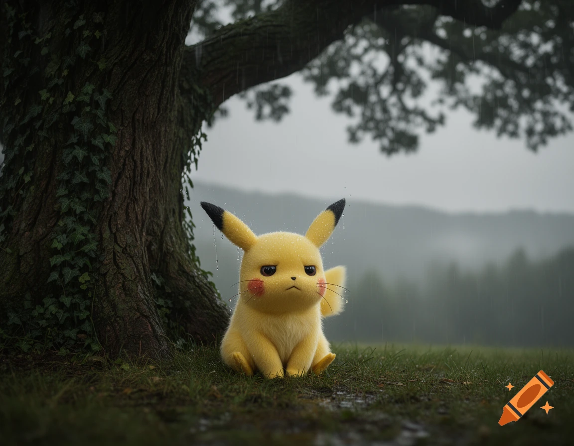 A sad, fluffy Pikachu with big eyes sits under a large tree in the rain, looking down at the wet grass. Photorealistic style.