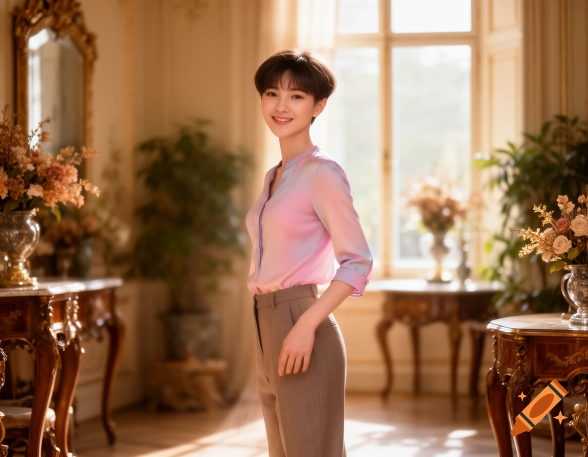 A smiling person with short dark hair wearing a pink and purple blouse and grey pants stands in a sunlit, ornate luxury room.