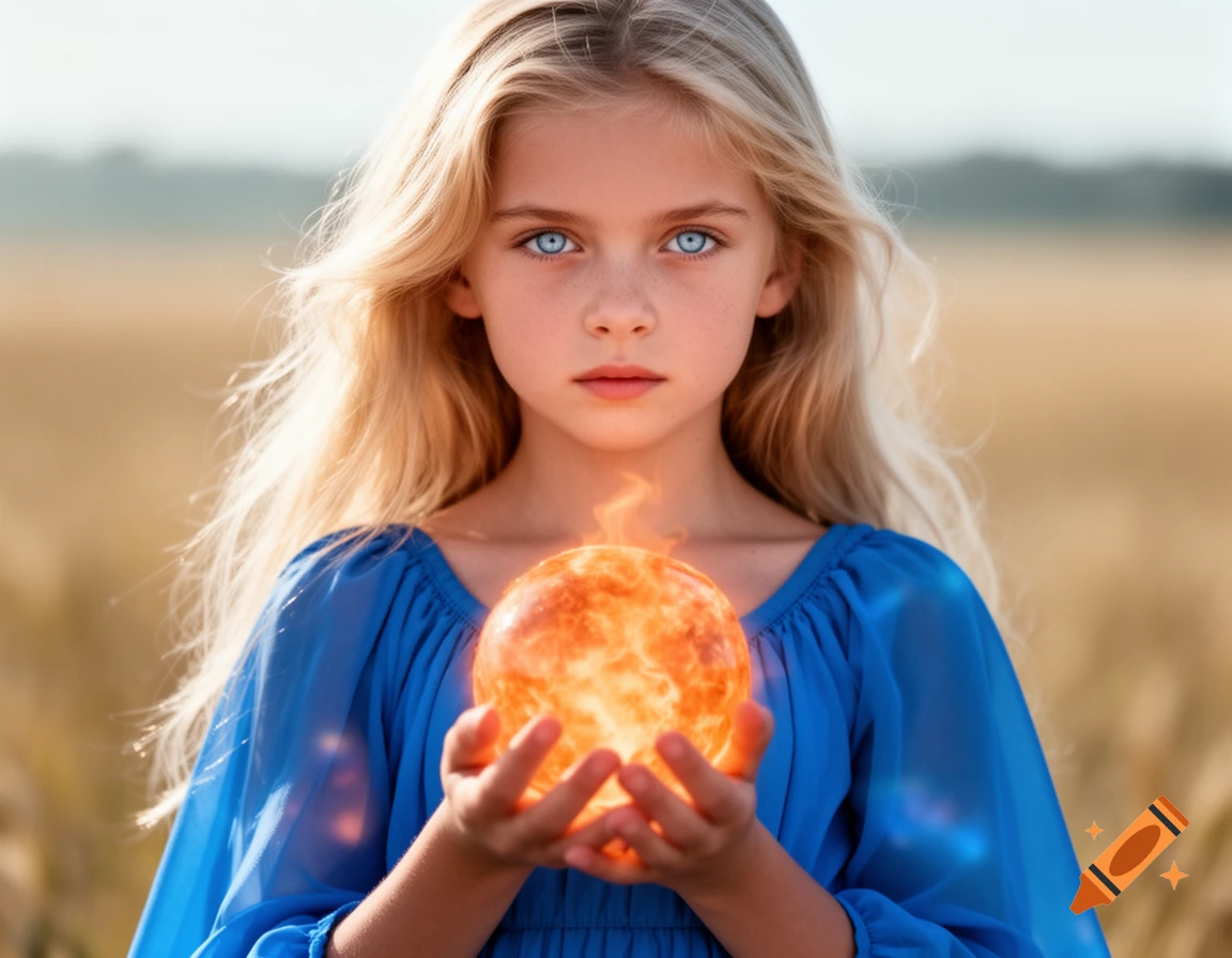 Blonde girl with blue eyes in a blue dress holding a glowing orange orb in a field, photorealistic.