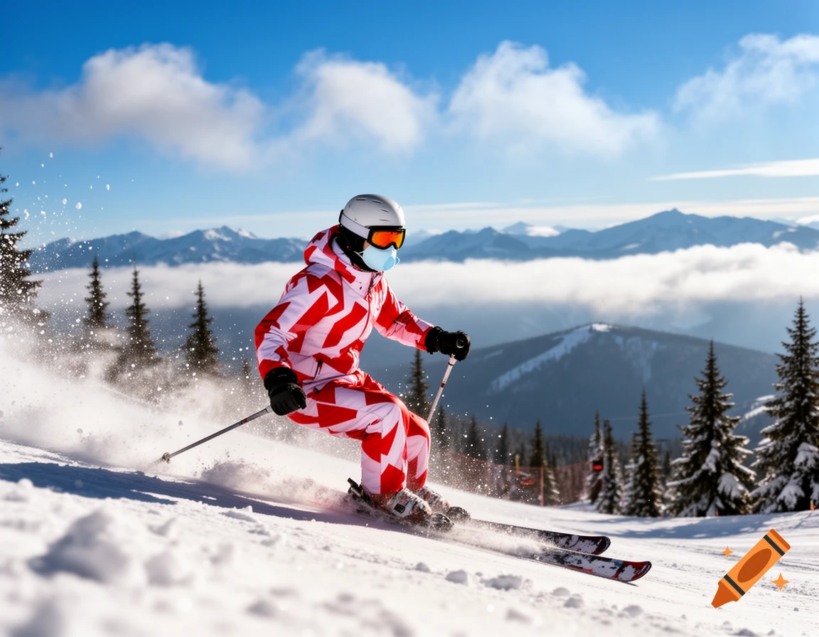 A skier in a red and white patterned suit and KN95 mask glides down a snowy mountain slope with pine trees and blue sky.