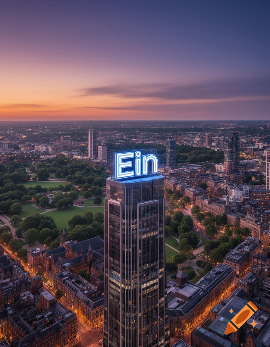 Aerial view of a city at dusk with a tall skyscraper featuring a glowing 'Ein' sign, surrounded by buildings and parks.