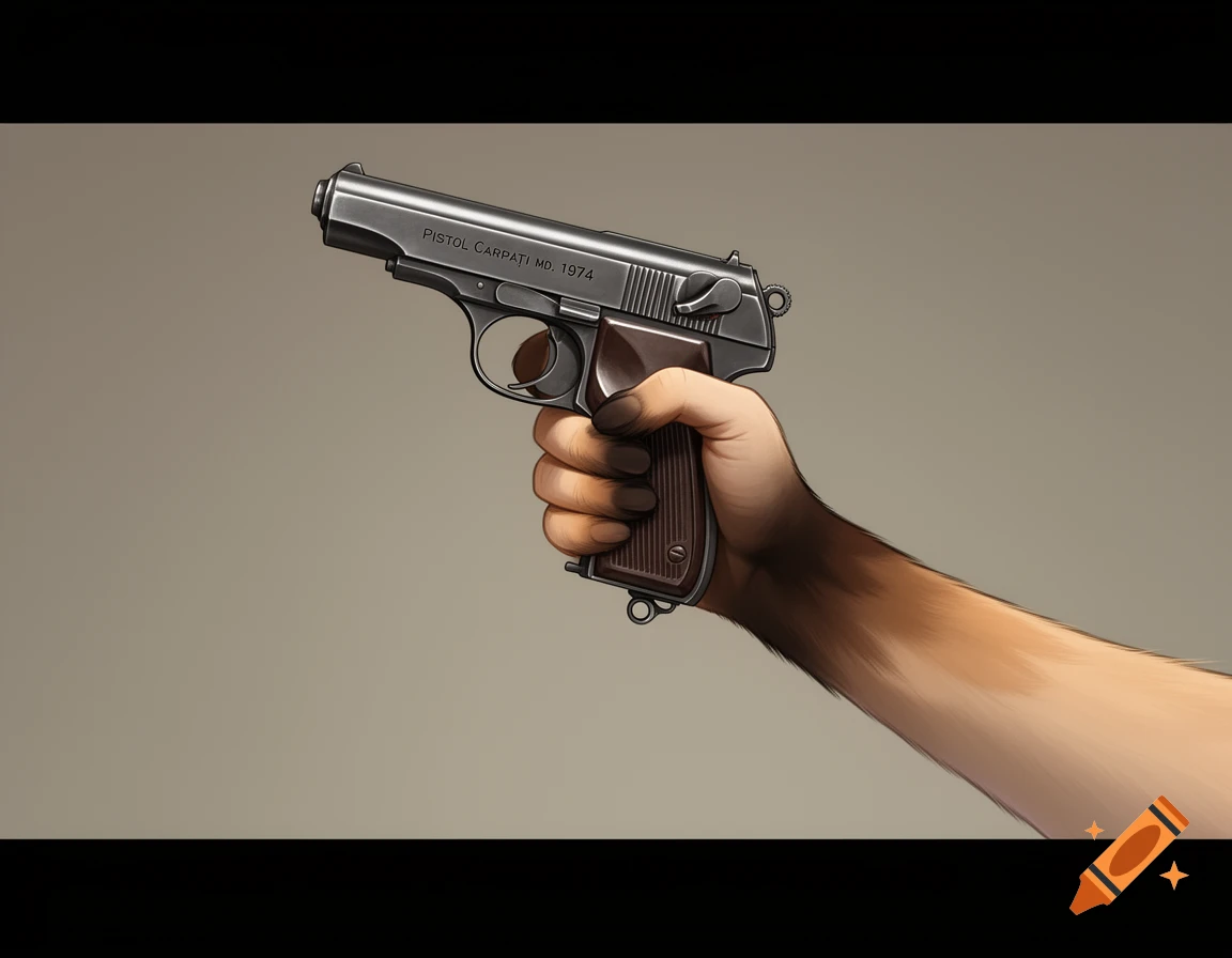 A 2D animated cat-like paw holding a Pistol Carpați Md. 1974 against a neutral gray background.