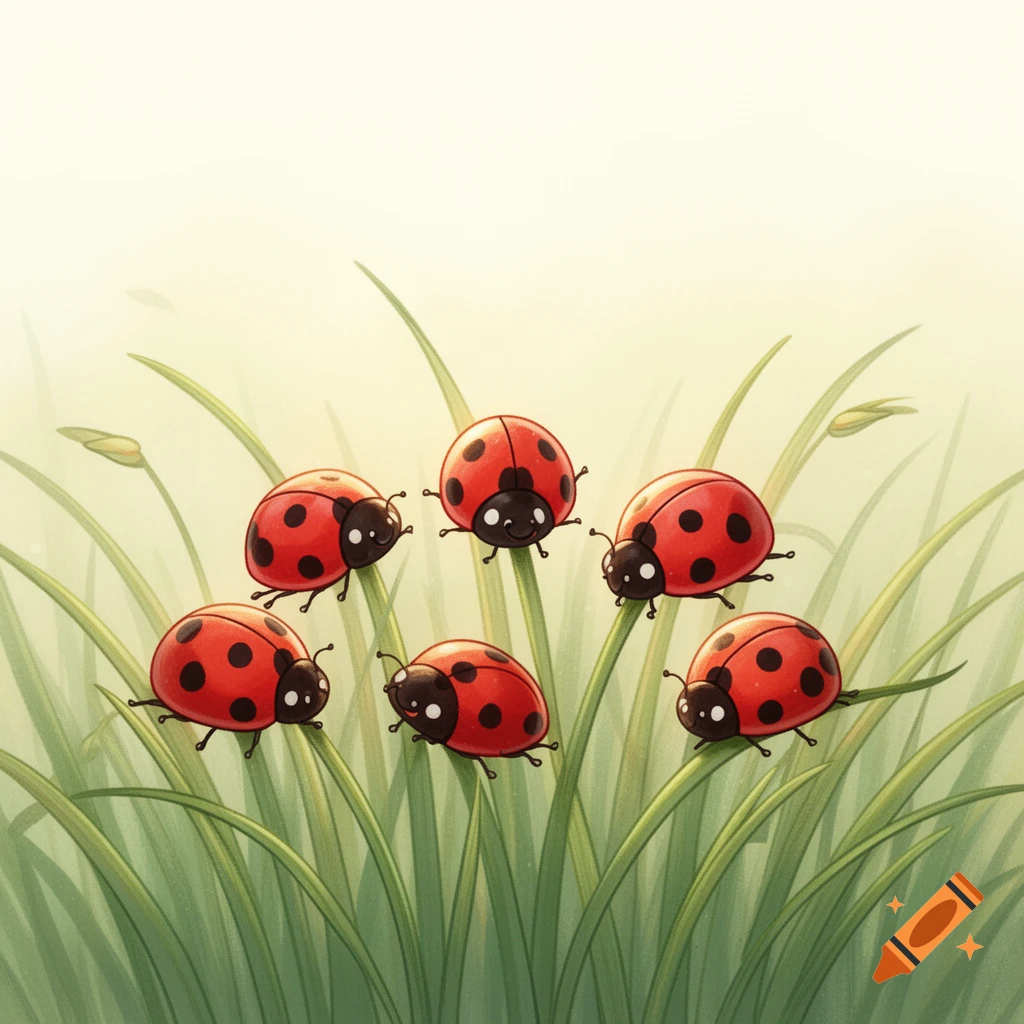 Six cute cartoon ladybugs with black spots sit on green grass, illustrated in a friendly style.