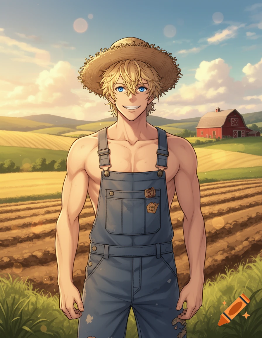 Anime-style muscular man in a straw hat and denim overalls smiles in a sunny farm field with a red barn.